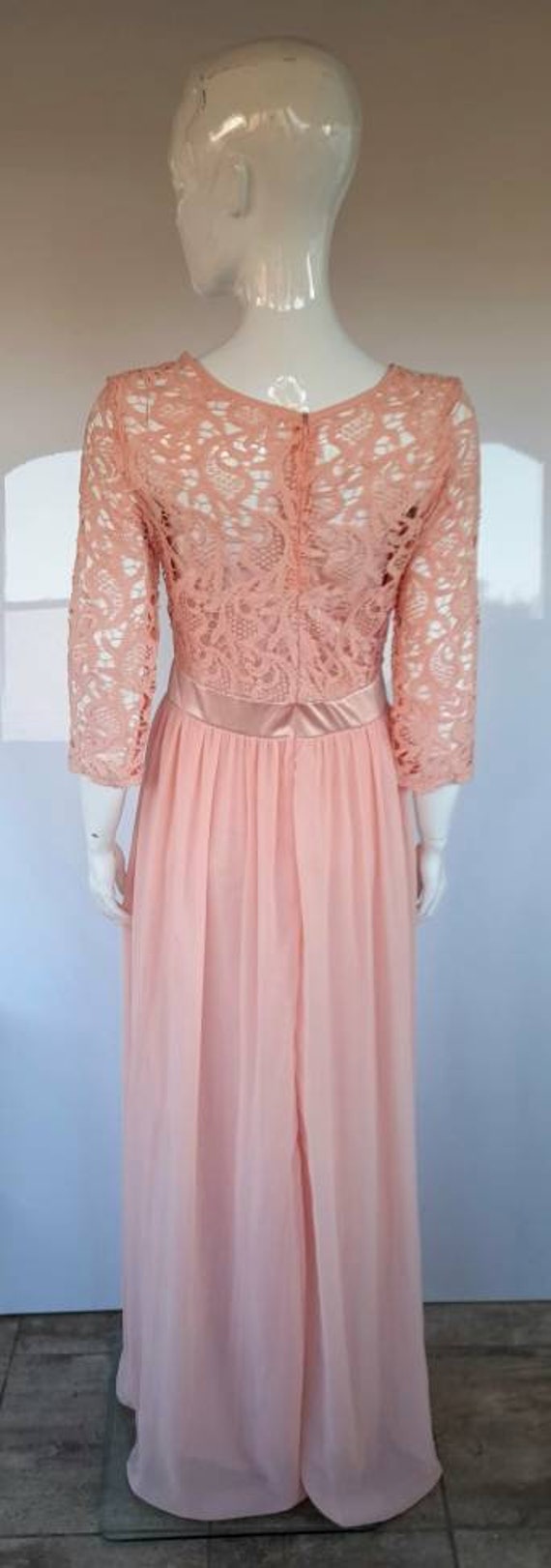 60s 70s pale salmon PINK lace and nylon MAXI DRES… - image 3