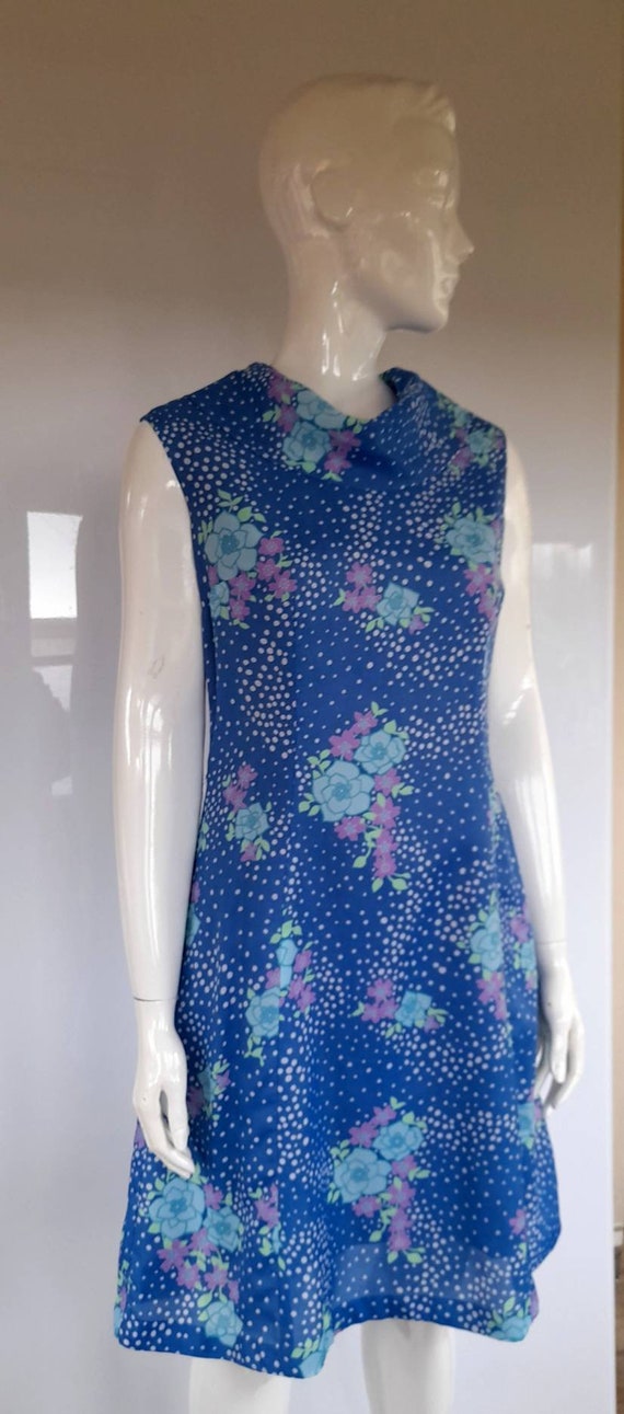 Blue floral 70s ST MICHAEL cowl neck DRESS uk 12 - image 3