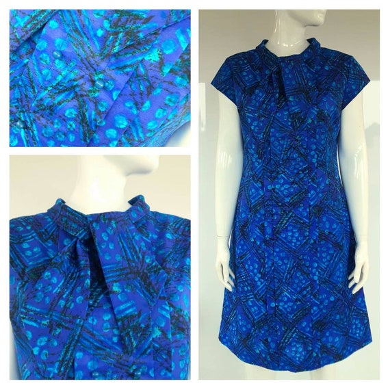60s BLUE abstract peter barron PUSSY BOW dress mod si… - Gem
