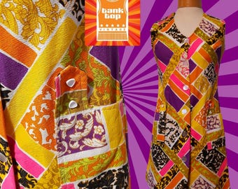 Vintage 70s Rainbow Cotton Beach Dress, Mod Cover-Up (UK 8)