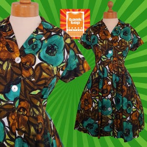 Stunning 50&#39;s fifties polished COTTON GREEN brown floral shirtwaister day dress uk 12 pin up rockabilly