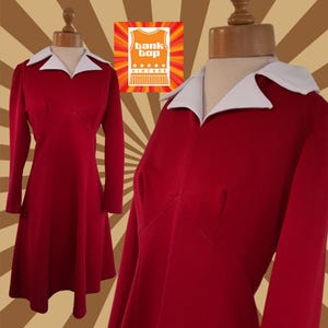 70s BURGUNDY WHITE collared fit and flare DRESS mod sixties uk 14