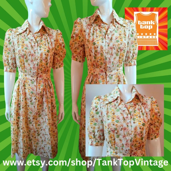 70s does 40s lemon YELLOW and green ditsy floral TEA DRESS uk  10 to 14