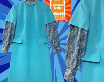 60s kunick TURQUOISE crimplene PAISLEY shirt DRESS mod sixties uk 12