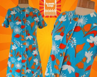 60s Mod Terry Towelling Beach Dress - Aqua Floral Cover-Up, UK 8
