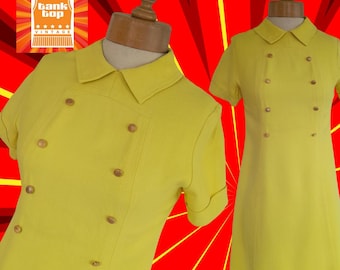60s Acid Yellow Mod Dress, Gold Button Trim, Petite UK 6