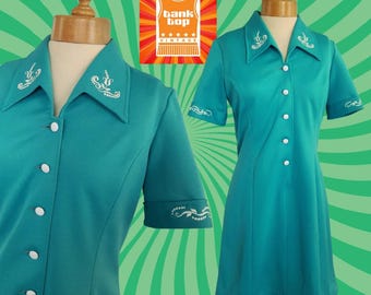 Vintage Turquoise Shirt Dress, White Embroidery, Mod 60s 70s Style, UK 12