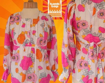 Blusa de ensueño con mangas abullonadas, estilo bohemio, rosa y naranja, semitransparente, estilo años 70, talla 6