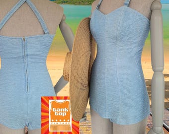 Vintage 50s Jantzen Swimsuit, Baby Blue Ruched Swimwear (UK 6-8)