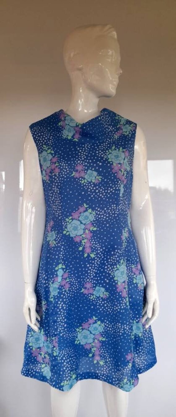 Blue floral 70s ST MICHAEL cowl neck DRESS uk 12 - image 2