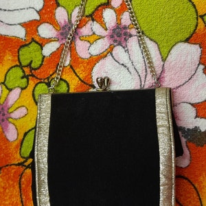 50s vintage GOLD LUREX and BLACK crepe art deco style cfr c f reader of london small evening bag chain handled bag mod fifties sixties