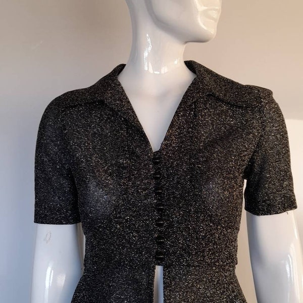 70s SEVENTIES black and silver button front PEPLEM BLOUSE glam disco uk 8