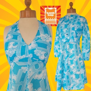 60s 70s handmade AQUA blue white deco print poly cotton HALTERNECK dress SUIT mod uk 6