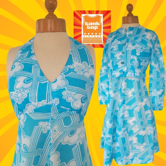 Vintage 70s Halterneck Dress Suit, Aqua Deco Print, UK 6