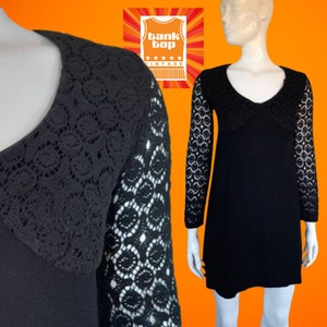 Black 60s CROCHET RADLEY dolly DRESS mod sixties goth little black dress uk 8 mini