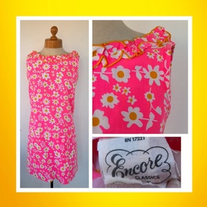 60s sleeveless shocking PINK FLORAL ruffle summer daisy DRESS by encore mod flower power swinging 60s uk 10 12 image 1