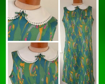60s abstract green sleeveless PETER PAN collar DRESS with bow mod sixties uk 12