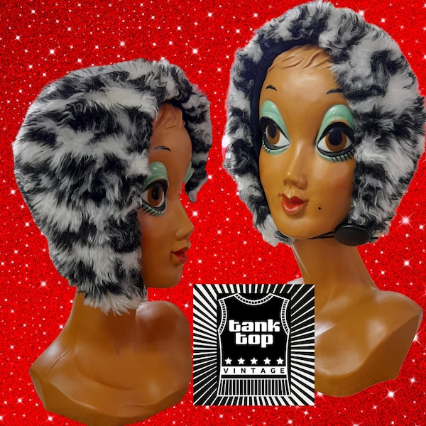 60s animal print black white MONOCHROME faux FUR HELMET hood hat mod twiggy