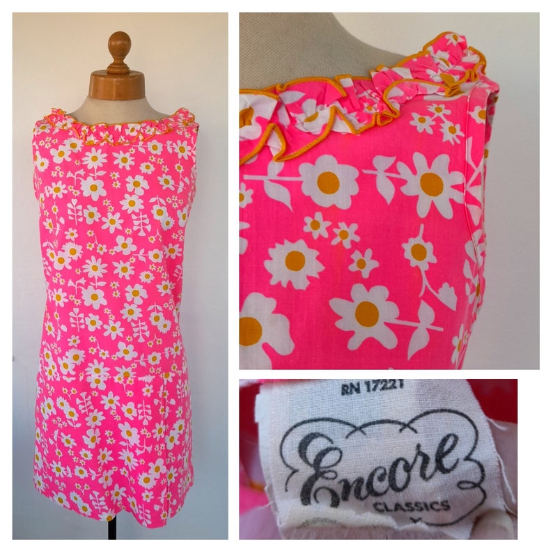 60s sleeveless shocking PINK FLORAL ruffle summer daisy DRESS by encore mod flower power swinging 60s uk 10 12 image 2