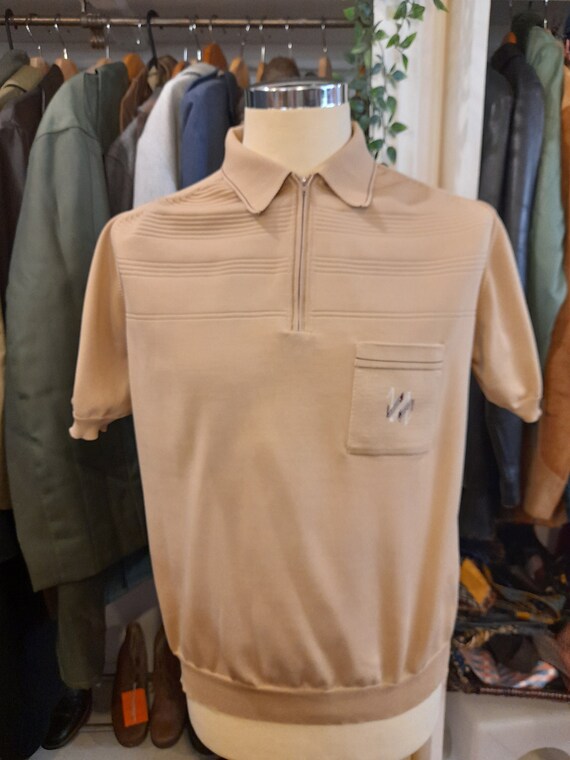 70s gents fine KNIT ZIPPER TOP pale coffee carame… - image 3