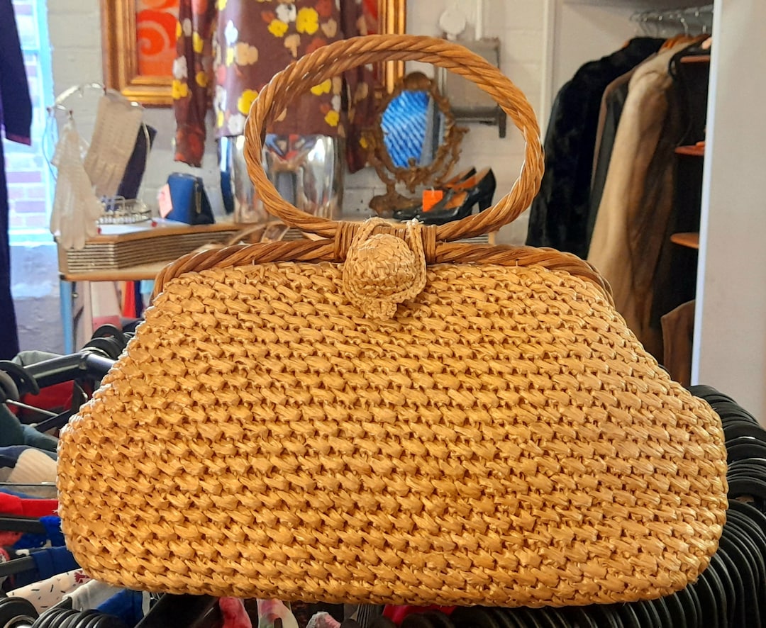 60s Large BEIGE STRAW Raffia and Cane Statement Handle BAG by Hertford ...