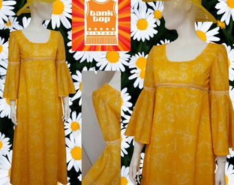 70s Handmade Yellow Maxi Dress, Abstract Print Flounce Sleeves, UK 8