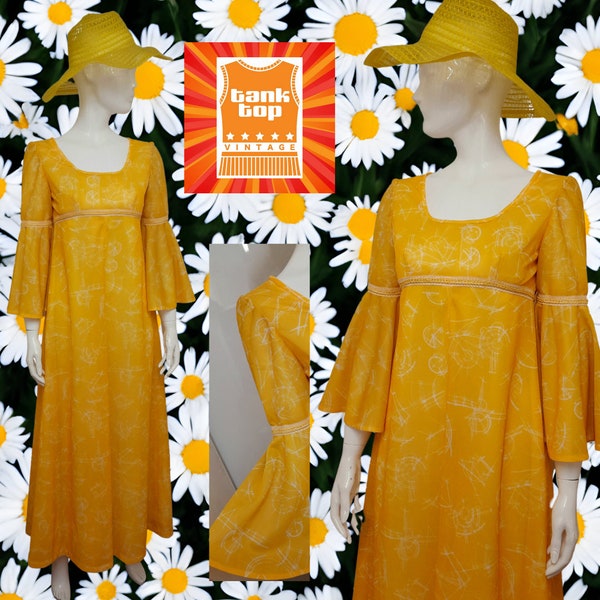 70s handmade bright YELLOW and white abstract print flounced sleeve prairie MAXI DRESS dress uk 8