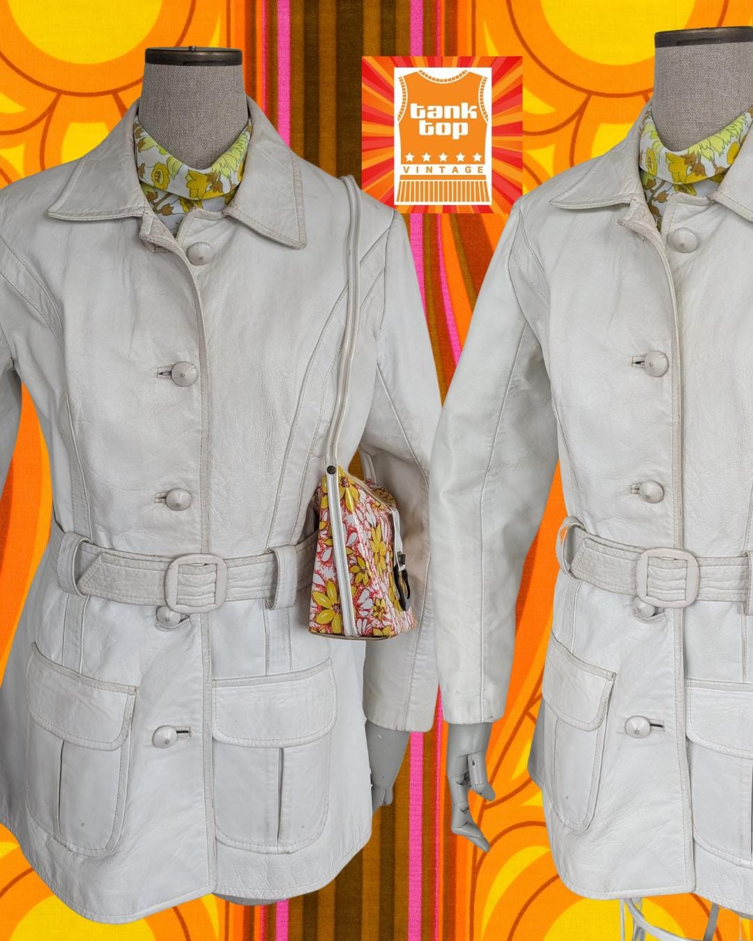60s WHITE LEATHER Belted JACKET, Mod Sixties, Uk 12 - Etsy
