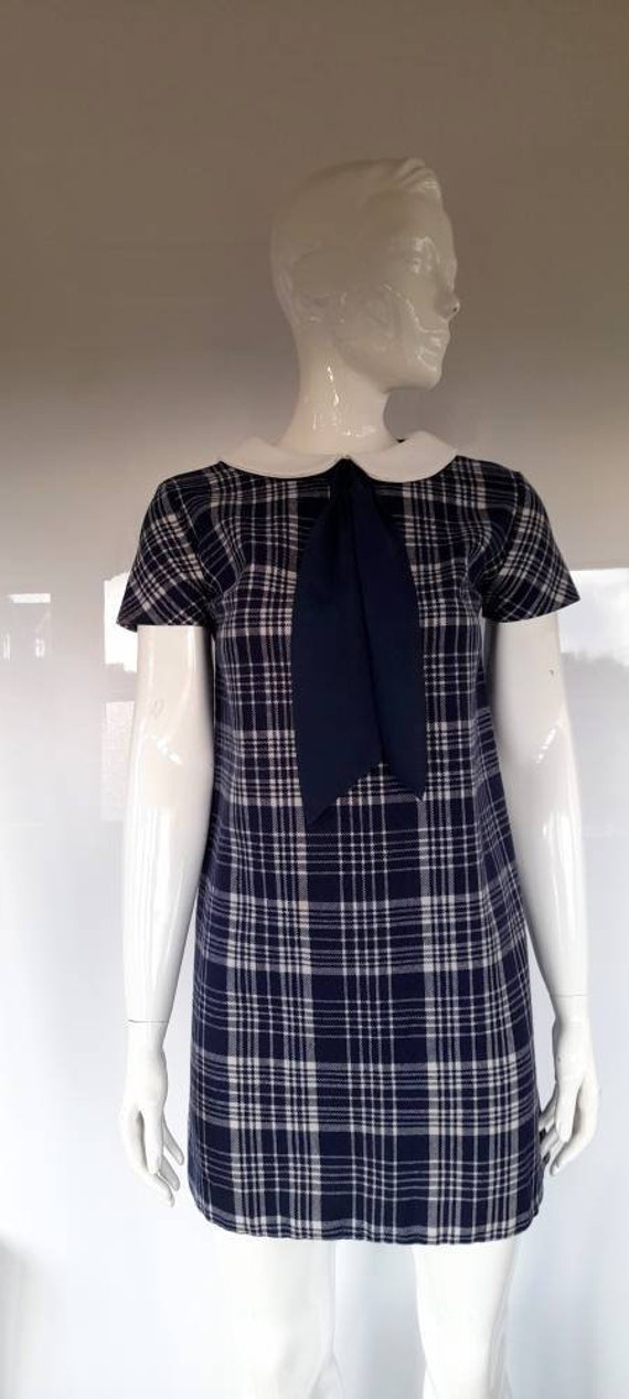 60s navy white check bow PETER PAN collar DRESS mo