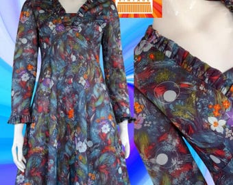 70s multi colour FLORAL RUFFLE DRESS uk 10
