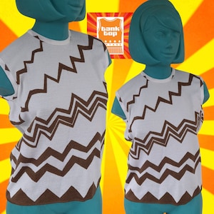 60s sixties sleeveless BROWN white  zig zag banlon crinkle NYLON TOP uk 12