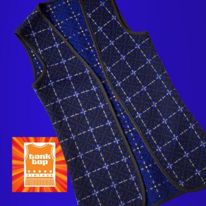 70s WELSH TAPESTRY wool royal blue, white and black geometric tabard gilet WAISTCOAT uk 8