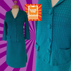 60s handmade sea green emerald GREEN CROCHET skirt  SUIT uk 8 sixties mod