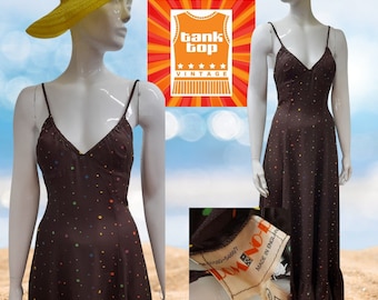 70s DOMINO rainbow SPOT polkadot MAXI dress uk 8 hippy boho sundress