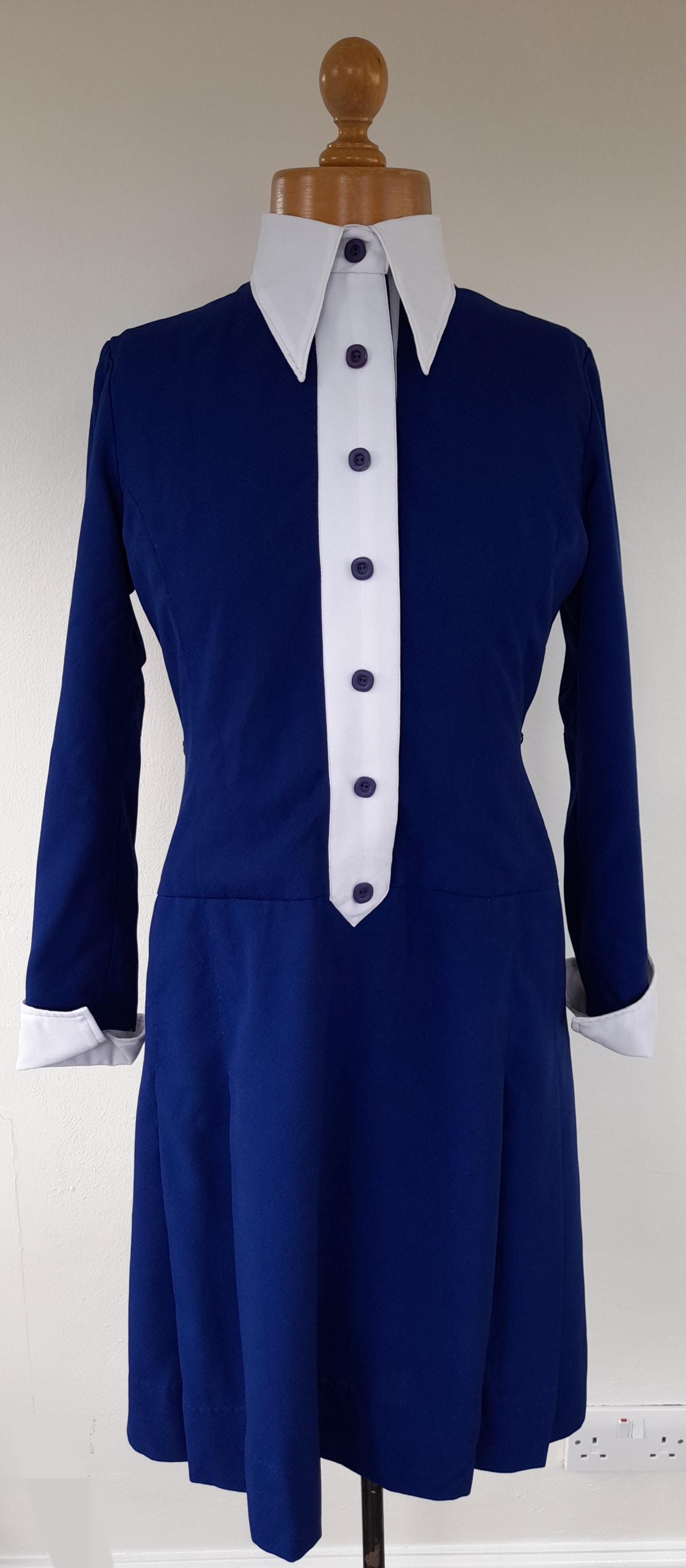 60s Vintage Royal BLUE White Dagger Collar Mod Girl MOD DRESS Uk 8