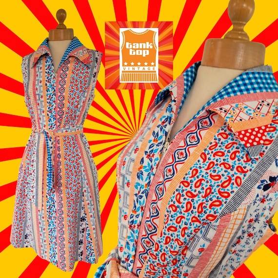 70s deadstock multi PATCHWORK print dagger collar… - image 1