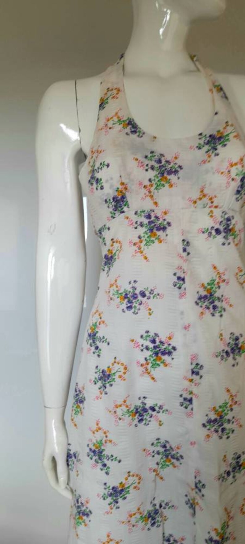 70s orange purple FLORAL HALTERNECK DRESS summer dress boho uk 4 6