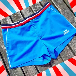 70s gents AQUA red white blue SLAZENGER polyester sports tennis SHORTS shorts up to 34&quot; waist