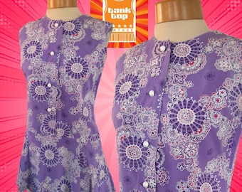 60s LILAC purple white pink FLORAL  drop waist cotton sleeveless DRESS summer mod sixties uk 10
