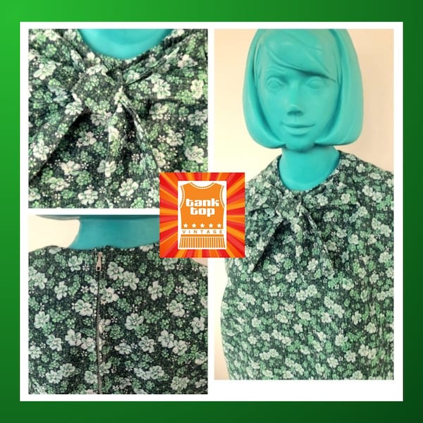 Handmade tank top original 60s GREEN floral BOW front volup shell TOP mod uk 18