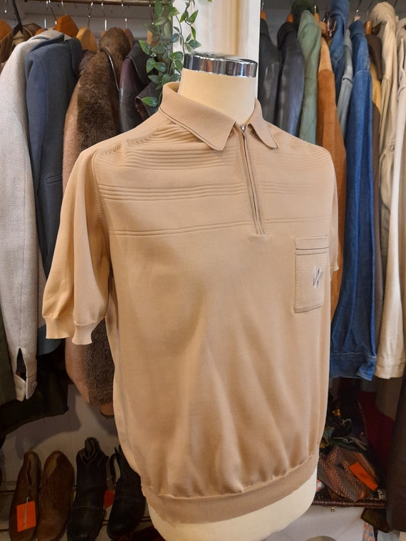 70s gents fine KNIT ZIPPER TOP pale coffee carame… - image 4