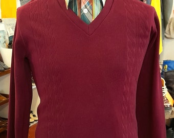 70s deadstock BURGUNDY BRINYLON v neck cable knit JUMPER sweater 38 chest