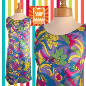 60s bright FLORAL PSYCHEDELIC silky tricel shift DRESS uk 8 mod sixties