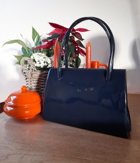 60's Glossy NAVY High K*lly CHAMELLE HANDBAG Mod Sixties Fifties