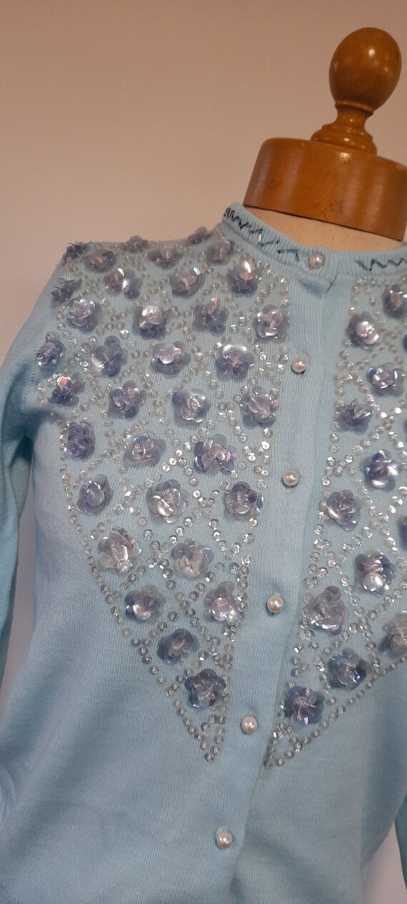 50s 60s baby BLUE BEADED and sequinned acrylic CA… - image 3