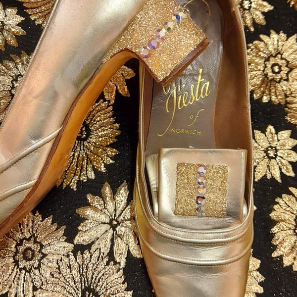 60s GOLD glitter DIAMANTE pilgrim SHOES by fiesta of norwich uk 4.5