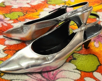 60s SILVER METALLIC SLINGBACKS by couture by timpson mod sixties party shoes uk 4 to 4.5