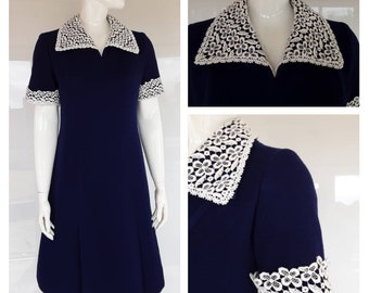 70s NAVY white pyllover quelle LACE COLLAR dress uk 10
