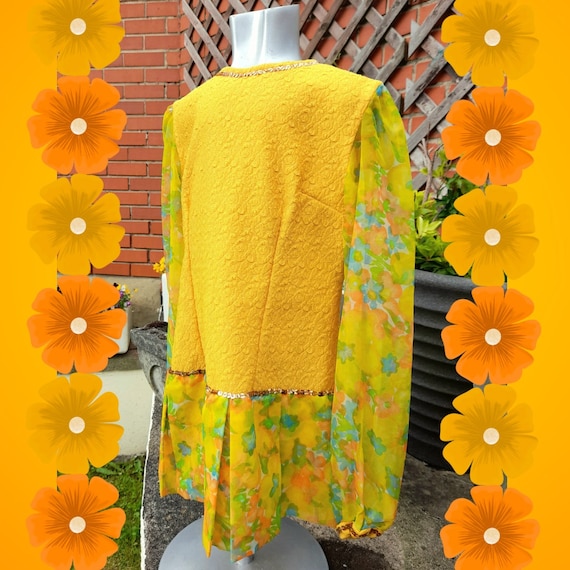 Vintage 70s Party Dress, Yellow Textured Crimplene, Floral Chiffon, Age 6-7