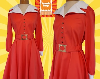 60s 70s peach salmon PINK statement collar metal BUCKLE fit and flare DRESS mod sixties volup uk 14 16